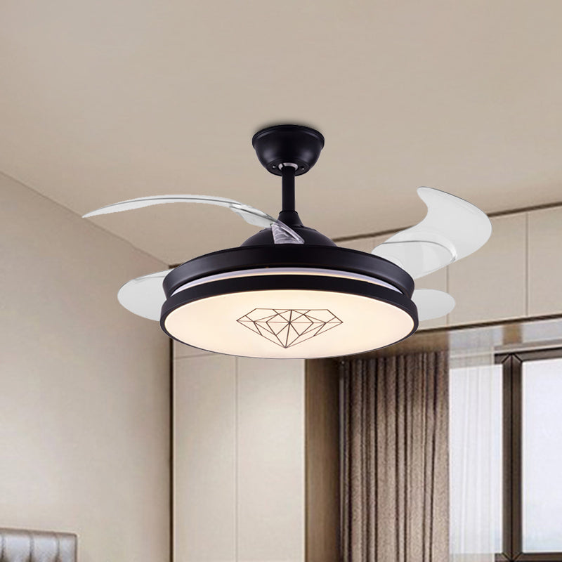 4 Blades Metal Round Hanging Fan Light Nordic LED Black Semi-Flush Ceiling Lamp with Diamond Pattern, 16" W Clearhalo 'Ceiling Fans with Lights' 'Ceiling Fans' 'Kids Ceiling Fans' 'Kids' Lighting' 918017