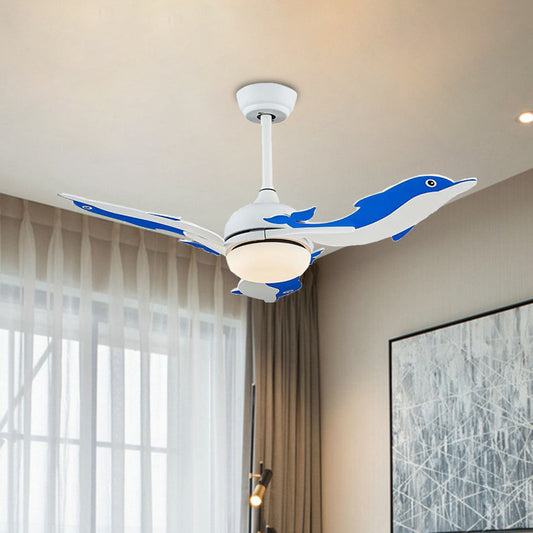 Dome Ceiling Fan Light Cartoon Metal 42" Wide LED Bedroom Semi Flush Mount Lamp with 3-Dolphin Blades in White/Blue White Clearhalo 'Ceiling Fans with Lights' 'Ceiling Fans' 'Kids Ceiling Fans' 'Kids' Lighting' 918020