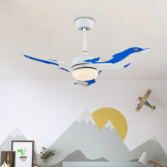 Dome Ceiling Fan Light Cartoon Metal 42" Wide LED Bedroom Semi Flush Mount Lamp with 3-Dolphin Blades in White/Blue Clearhalo 'Ceiling Fans with Lights' 'Ceiling Fans' 'Kids Ceiling Fans' 'Kids' Lighting' 918021