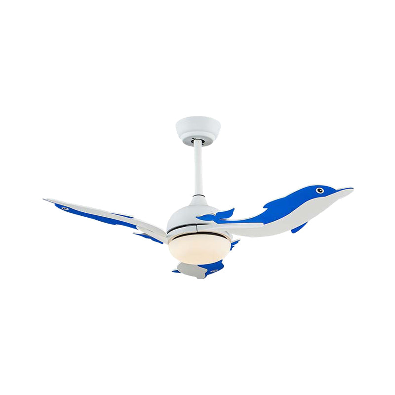 Dome Ceiling Fan Light Cartoon Metal 42" Wide LED Bedroom Semi Flush Mount Lamp with 3-Dolphin Blades in White/Blue Clearhalo 'Ceiling Fans with Lights' 'Ceiling Fans' 'Kids Ceiling Fans' 'Kids' Lighting' 918022