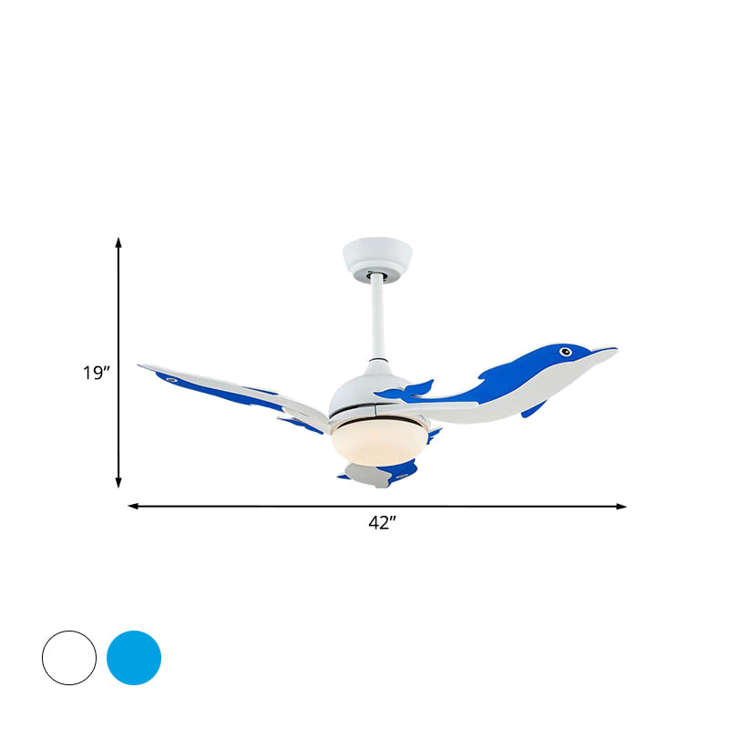 Dome Ceiling Fan Light Cartoon Metal 42" Wide LED Bedroom Semi Flush Mount Lamp with 3-Dolphin Blades in White/Blue Clearhalo 'Ceiling Fans with Lights' 'Ceiling Fans' 'Kids Ceiling Fans' 'Kids' Lighting' 918023