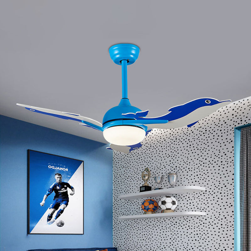 Dome Ceiling Fan Light Cartoon Metal 42" Wide LED Bedroom Semi Flush Mount Lamp with 3-Dolphin Blades in White/Blue Blue Clearhalo 'Ceiling Fans with Lights' 'Ceiling Fans' 'Kids Ceiling Fans' 'Kids' Lighting' 918024