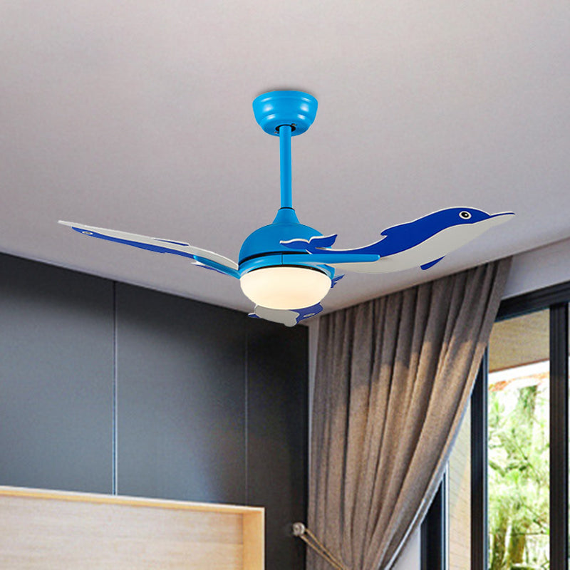 Dome Ceiling Fan Light Cartoon Metal 42" Wide LED Bedroom Semi Flush Mount Lamp with 3-Dolphin Blades in White/Blue Clearhalo 'Ceiling Fans with Lights' 'Ceiling Fans' 'Kids Ceiling Fans' 'Kids' Lighting' 918025