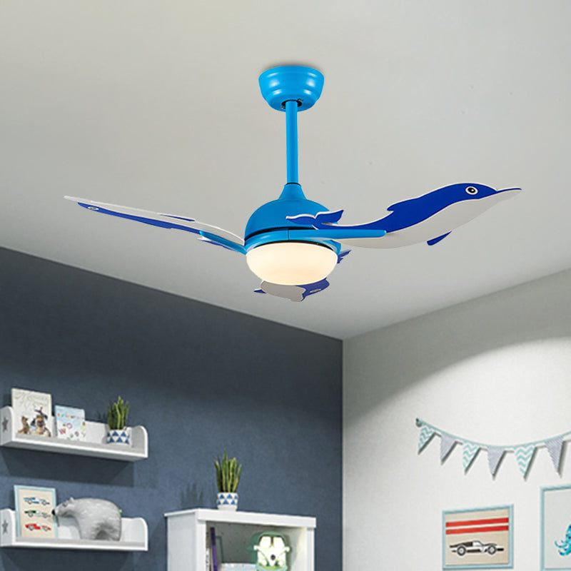 Dome Ceiling Fan Light Cartoon Metal 42" Wide LED Bedroom Semi Flush Mount Lamp with 3-Dolphin Blades in White/Blue Clearhalo 'Ceiling Fans with Lights' 'Ceiling Fans' 'Kids Ceiling Fans' 'Kids' Lighting' 918026