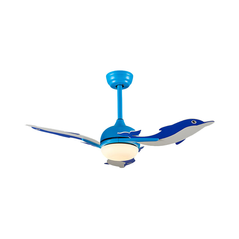 Dome Ceiling Fan Light Cartoon Metal 42" Wide LED Bedroom Semi Flush Mount Lamp with 3-Dolphin Blades in White/Blue Clearhalo 'Ceiling Fans with Lights' 'Ceiling Fans' 'Kids Ceiling Fans' 'Kids' Lighting' 918027
