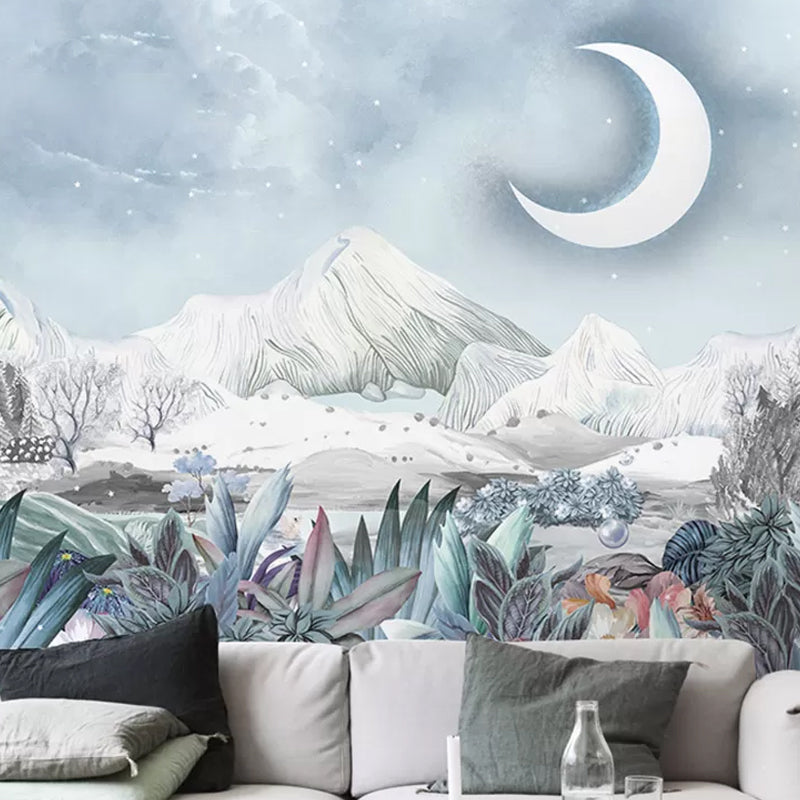 Extra Large Fresh Mural Wallpaper Multi-Colored Moon and Bush Wall Covering, Personalized Size Available Blue-White Clearhalo 'Wall Decor' 'Wall Mural' 918046