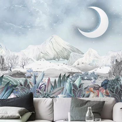 Extra Large Fresh Mural Wallpaper Multi-Colored Moon and Bush Wall Covering, Personalized Size Available Blue-White Clearhalo 'Wall Decor' 'Wall Mural' 918046
