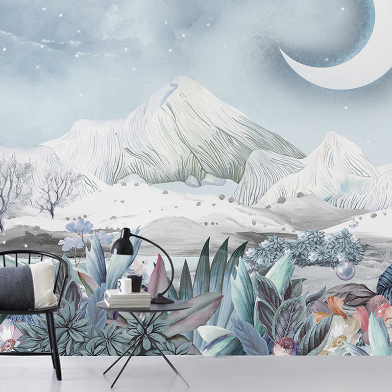 Extra Large Fresh Mural Wallpaper Multi-Colored Moon and Bush Wall Covering, Personalized Size Available Clearhalo 'Wall Decor' 'Wall Mural' 918048