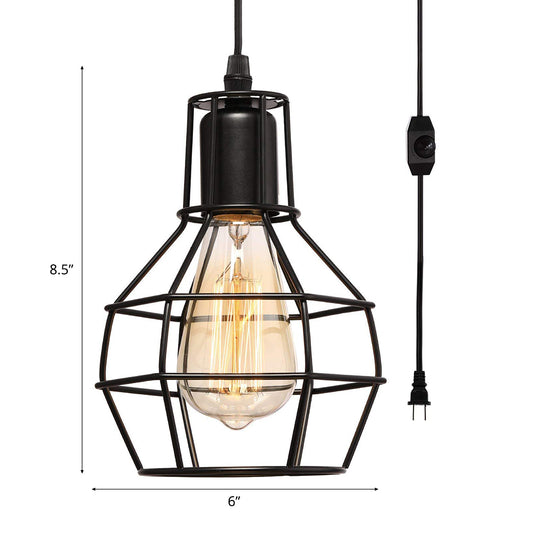 1 Bulb Plug In Suspension Light with Globe Cage Shade Retro Loft Black Metal Hanging Ceiling Light Clearhalo 'Art Deco Pendants' 'Black' 'Cast Iron' 'Ceiling Lights' 'Ceramic' 'Crystal' 'Industrial Pendants' 'Industrial' 'Metal' 'Middle Century Pendants' 'Pendant Lights' 'Pendants' 'Rustic Pendants' 'Tiffany' Lighting' 91810