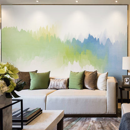 Extra Large Illustration Minimalist Mural with Watercolors of Mountain, Green and Blue Green-Blue Clearhalo 'Wall Decor' 'Wall Mural' 918176