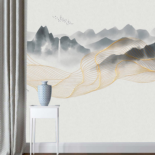 Yellow and Grey Mural Wallpaper Boat and River Stain-Resistant Wall Art for Guest Room Clearhalo 'Wall Decor' 'Wall Mural' 918420
