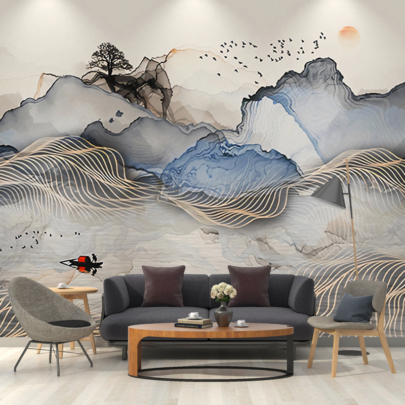 Minimalist Wall Mural Grey and Blue Mountain and Sun Wall Covering for Gallery, Non-Woven Material Clearhalo 'Wall Decor' 'Wall Mural' 918493
