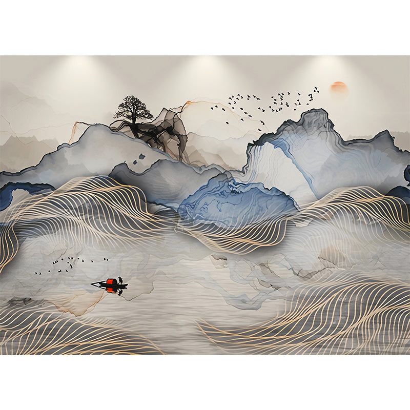 Minimalist Wall Mural Grey and Blue Mountain and Sun Wall Covering for Gallery, Non-Woven Material Clearhalo 'Wall Decor' 'Wall Mural' 918495