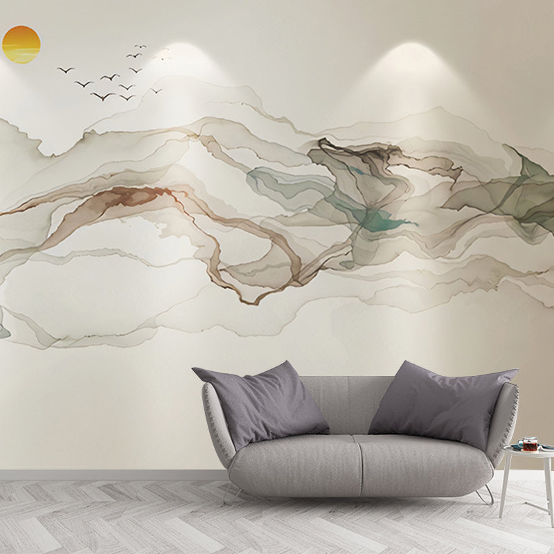Big Illustration Sunrise Mural Wallpaper for Home Decoration in Grey and Blue, Customized Size Available Gray-Blue Clearhalo 'Wall Decor' 'Wall Mural' 918575