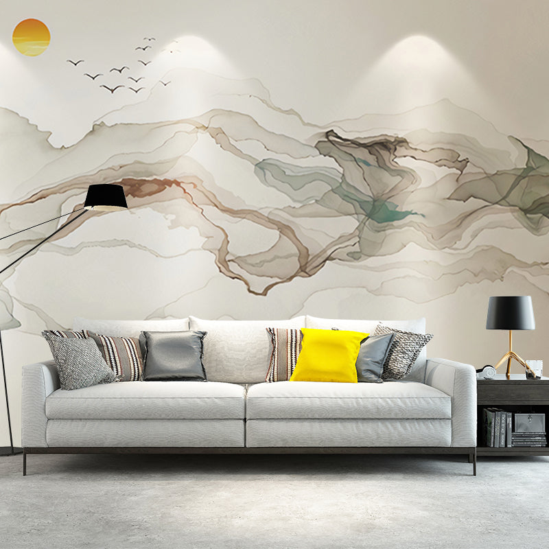 Big Illustration Sunrise Mural Wallpaper for Home Decoration in Grey and Blue, Customized Size Available Clearhalo 'Wall Decor' 'Wall Mural' 918577