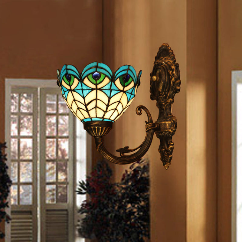 Scalloped Wall Sconce Light with Peacock Stained Glass 1 Bulb Tiffany Wall Lighting Blue Clearhalo 'Industrial' 'Middle century wall lights' 'Tiffany wall lights' 'Tiffany' 'Wall Lamps & Sconces' 'Wall Lights' Lighting' 91868