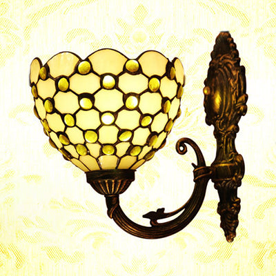 Beige Bowl Sconce Lamp Tiffany Stained Glass 1 Light Wall Light with Crystal Bead Clearhalo 'Industrial' 'Middle century wall lights' 'Tiffany wall lights' 'Tiffany' 'Wall Lamps & Sconces' 'Wall Lights' Lighting' 91871