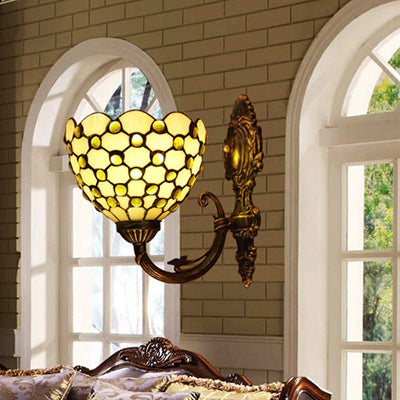 Beige Bowl Sconce Lamp Tiffany Stained Glass 1 Light Wall Light with Crystal Bead Beige Clearhalo 'Industrial' 'Middle century wall lights' 'Tiffany wall lights' 'Tiffany' 'Wall Lamps & Sconces' 'Wall Lights' Lighting' 91872