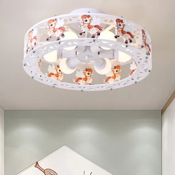 Metal Round Ceiling Mount Light with Carousel 6 Lights Cartoon Flush Light in White for Kindergarten White Clearhalo 'Ceiling Lights' 'Close To Ceiling Lights' 'Close to ceiling' 'Flush mount' Lighting' 91878