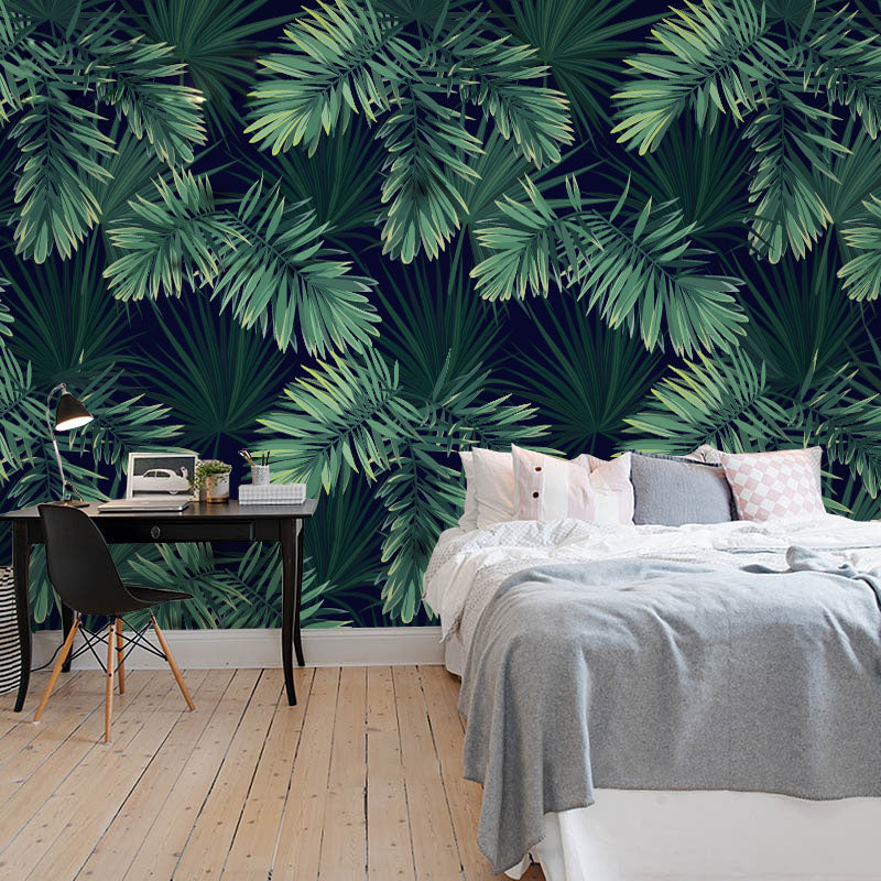 Extra Large Tropical Leaf Mural Wallpaper in Green Non-Woven Wall Decor for Bedroom, Custom-Printed Clearhalo 'Wall Decor' 'Wall Mural' 918850