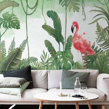 Illustration Style Flamingo Mural Wallpaper Full Size Wall Art for Guest Room， Customized Size Available Green Clearhalo 'Wall Decor' 'Wall Mural' 918966