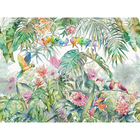 Whole Nordic Wall Art Soft Green Parrot and Jungle Mural, Customized Size Available