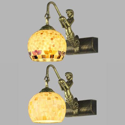 Globe Wall Mount Light Tiffany Beige/Beige-Red Shell 1 Head Bathroom Sconce Light Fixture with Mermaid Decoration Clearhalo 'Industrial' 'Middle century wall lights' 'Tiffany wall lights' 'Tiffany' 'Wall Lamps & Sconces' 'Wall Lights' Lighting' 91981