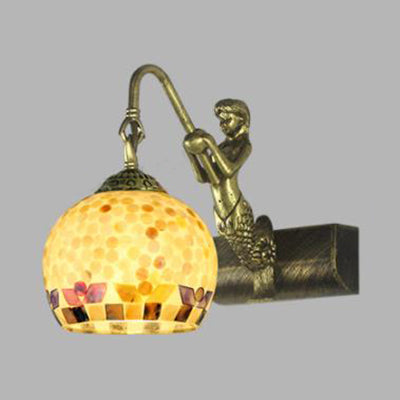 Globe Wall Mount Light Tiffany Beige/Beige-Red Shell 1 Head Bathroom Sconce Light Fixture with Mermaid Decoration Beige-Red Clearhalo 'Industrial' 'Middle century wall lights' 'Tiffany wall lights' 'Tiffany' 'Wall Lamps & Sconces' 'Wall Lights' Lighting' 91982