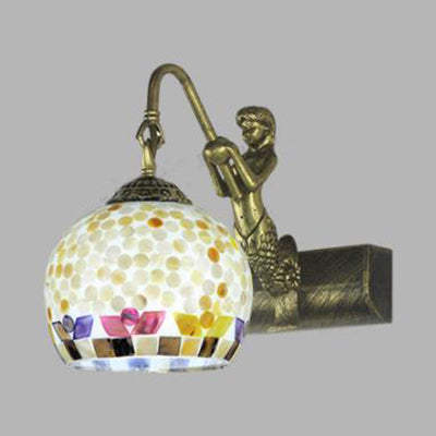 Globe Wall Mount Light Tiffany Beige/Beige-Red Shell 1 Head Bathroom Sconce Light Fixture with Mermaid Decoration Clearhalo 'Industrial' 'Middle century wall lights' 'Tiffany wall lights' 'Tiffany' 'Wall Lamps & Sconces' 'Wall Lights' Lighting' 91983