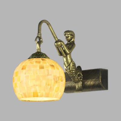 Globe Wall Mount Light Tiffany Beige/Beige-Red Shell 1 Head Bathroom Sconce Light Fixture with Mermaid Decoration Beige Clearhalo 'Industrial' 'Middle century wall lights' 'Tiffany wall lights' 'Tiffany' 'Wall Lamps & Sconces' 'Wall Lights' Lighting' 91984