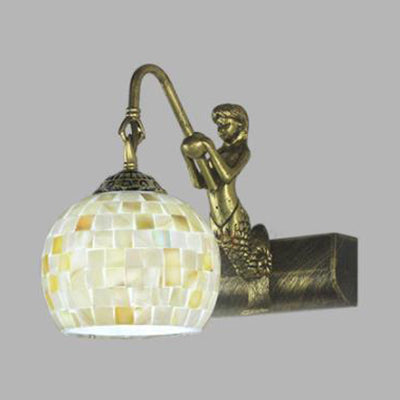 Globe Wall Mount Light Tiffany Beige/Beige-Red Shell 1 Head Bathroom Sconce Light Fixture with Mermaid Decoration Clearhalo 'Industrial' 'Middle century wall lights' 'Tiffany wall lights' 'Tiffany' 'Wall Lamps & Sconces' 'Wall Lights' Lighting' 91985