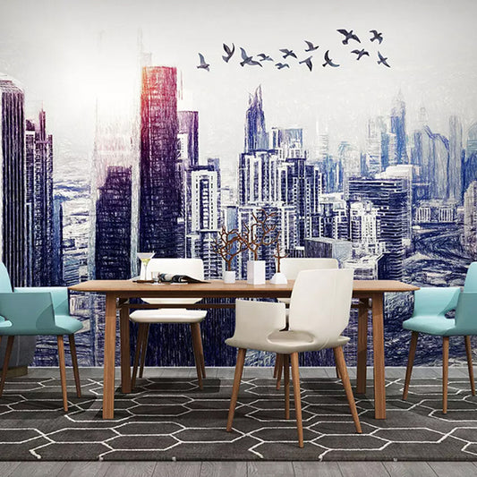 Customized Illustration Mural Wallpaper Abstract Modern Wall Covering for Decor with 3D City View in Blue and White