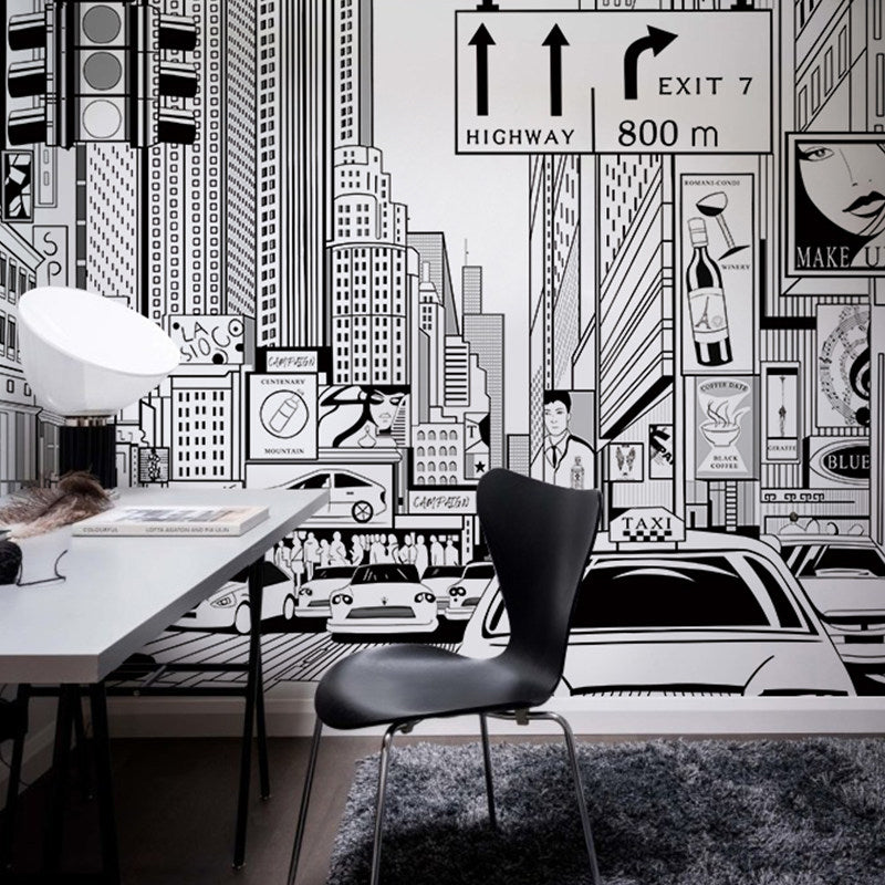 Illustration Style Mural Wallpaper Urban Crossroad and Street Custom Wall Art for Coffee Shop, Made to Measure Black-White Clearhalo 'Wall Decor' 'Wall Mural' 920256