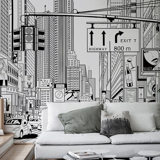 Illustration Style Mural Wallpaper Urban Crossroad and Street Custom Wall Art for Coffee Shop, Made to Measure Clearhalo 'Wall Decor' 'Wall Mural' 920257