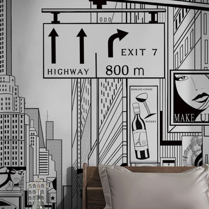 Illustration Style Mural Wallpaper Urban Crossroad and Street Custom Wall Art for Coffee Shop, Made to Measure Clearhalo 'Wall Decor' 'Wall Mural' 920258