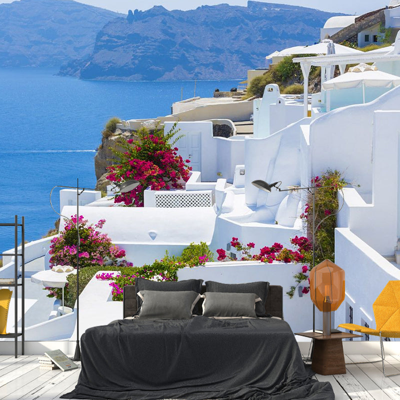 Full Size Fresh Cool Mural Wallpaper for Decoration Modern Simple Seashore House and Snow, Made to Measure Blue-White A Clearhalo 'Wall Decor' 'Wall Mural' 920296