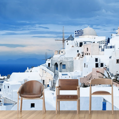 Full Size Fresh Cool Mural Wallpaper for Decoration Modern Simple Seashore House and Snow, Made to Measure Blue-White B Clearhalo 'Wall Decor' 'Wall Mural' 920301