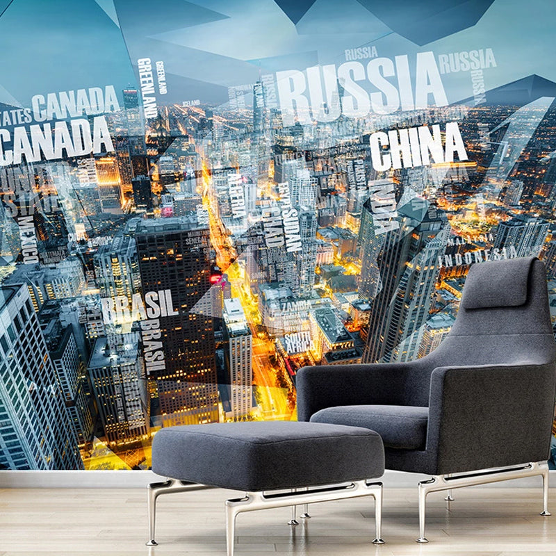 Full Size Wall Decor for Living Room Name of Various Countries and Retro Tower Wall Mural in Warm Color, Stain Resistant Blue Clearhalo 'Wall Decor' 'Wall Mural' 920336