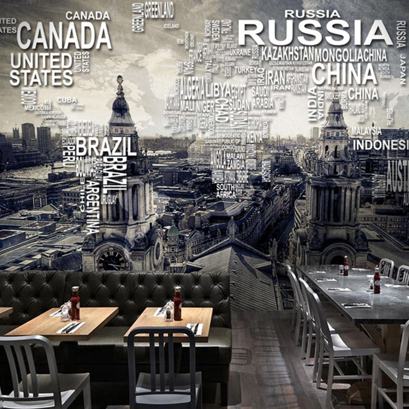 Full Size Wall Decor for Living Room Name of Various Countries and Retro Tower Wall Mural in Warm Color, Stain Resistant Gray-White Clearhalo 'Wall Decor' 'Wall Mural' 920341