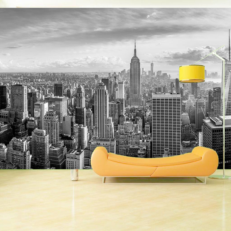 Contemporary City View Mural Wallpaper for Accent Wall, Black and White, Made to Measure Black-White Clearhalo 'Wall Decor' 'Wall Mural' 920356
