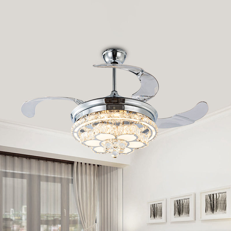 Crystal-Encrusted Chrome Fan Light Kit Floral 3-Blade Modernist LED Semi Mount Lighting, 19.5" Width Chrome Clearhalo 'Ceiling Fans with Lights' 'Ceiling Fans' 'Modern Ceiling Fans' 'Modern' Lighting' 920434