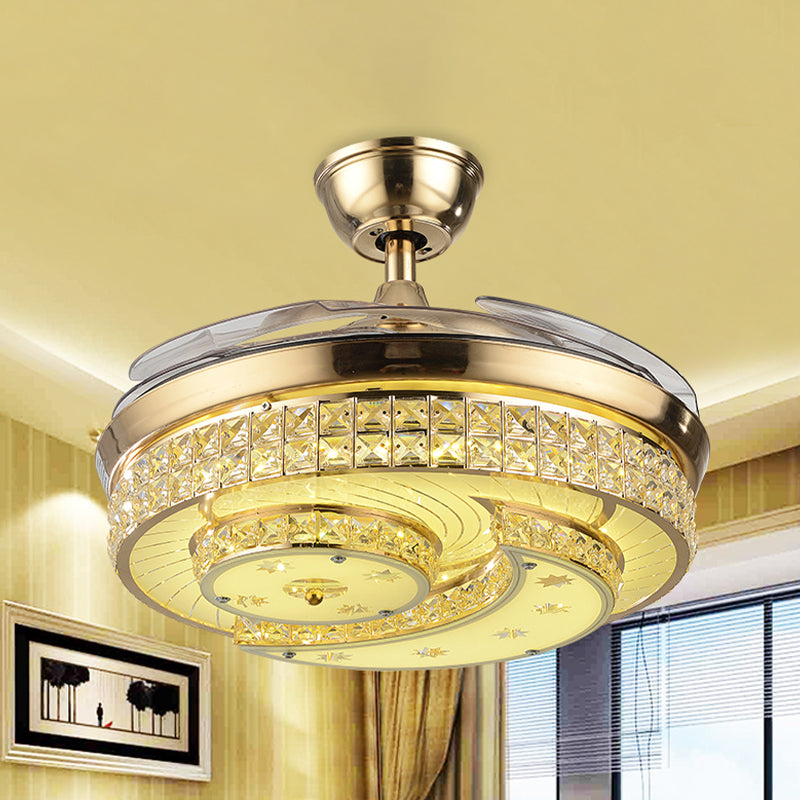 3 Blades Crescent Bedroom Fan Lighting Simplicity Crystal Gold LED Semi Flush Mount Ceiling Fixture, 42.5" Wide Gold Clearhalo 'Ceiling Fans with Lights' 'Ceiling Fans' 'Modern Ceiling Fans' 'Modern' Lighting' 920438