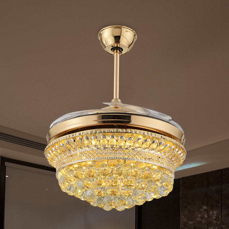 43" Wide Scalloped LED Fan Lamp Modern Stylish Gold Crystal Orbs Semi Flush Light Fixture with 4 Blades Gold Clearhalo 'Ceiling Fans with Lights' 'Ceiling Fans' 'Modern Ceiling Fans' 'Modern' Lighting' 920442
