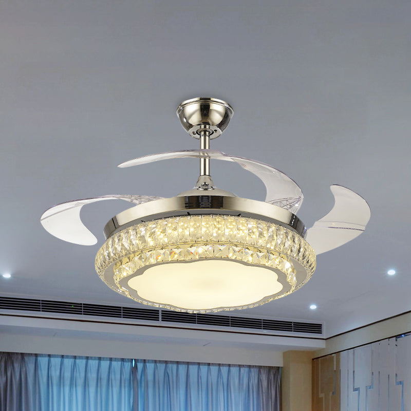 4-Blade Round Crystal Flush Ceiling Fan Minimalist Living Room 42.5" W LED Semi Flush Light in Silver Clearhalo 'Ceiling Fans with Lights' 'Ceiling Fans' 'Modern Ceiling Fans' 'Modern' Lighting' 920456