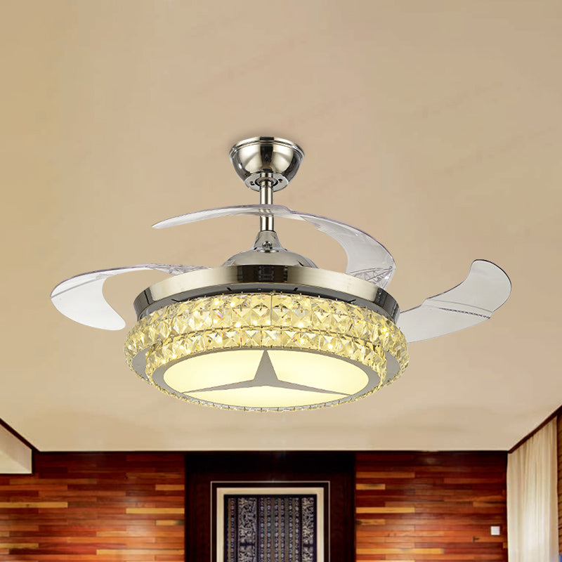 4-Blade Round Crystal Flush Ceiling Fan Minimalist Living Room 42.5" W LED Semi Flush Light in Silver Clearhalo 'Ceiling Fans with Lights' 'Ceiling Fans' 'Modern Ceiling Fans' 'Modern' Lighting' 920465