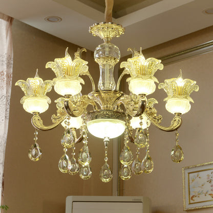 6 Lights Floral Hanging Chandelier Mid-Century Gold Crystal Ceiling Suspension Lamp Gold Clearhalo 'Ceiling Lights' 'Chandeliers' Lighting' options 920473_9fabf3e8-e929-41d4-8538-19bbbe6863c2