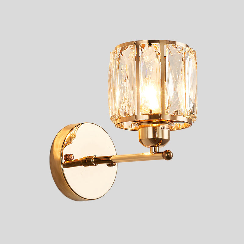 Beveled Cut Crystal Gold Wall Lamp Cylinder 1 Head Simplicity Sconce Light Fixture Clearhalo 'Cast Iron' 'Glass' 'Industrial' 'Modern wall lights' 'Modern' 'Tiffany' 'Traditional wall lights' 'Wall Lamps & Sconces' 'Wall Lights' Lighting' 920491