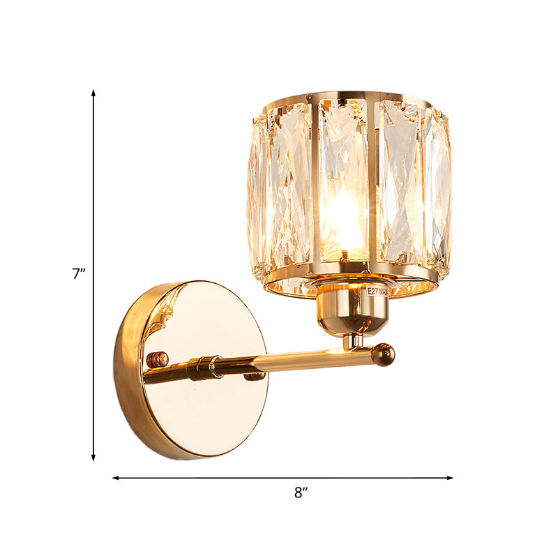 Beveled Cut Crystal Gold Wall Lamp Cylinder 1 Head Simplicity Sconce Light Fixture Clearhalo 'Cast Iron' 'Glass' 'Industrial' 'Modern wall lights' 'Modern' 'Tiffany' 'Traditional wall lights' 'Wall Lamps & Sconces' 'Wall Lights' Lighting' 920492