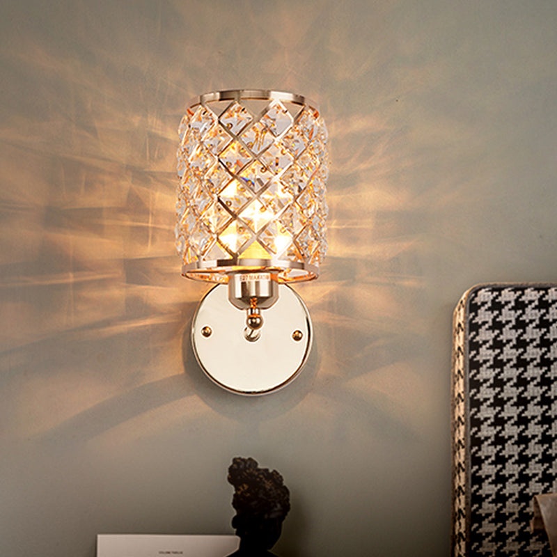 1 Bulb Crystal Inserted Wall Light Kit Simple Gold Cylindrical Trellis Living Room Sconce Lamp Clearhalo 'Cast Iron' 'Glass' 'Industrial' 'Modern wall lights' 'Modern' 'Tiffany' 'Traditional wall lights' 'Wall Lamps & Sconces' 'Wall Lights' Lighting' 920494