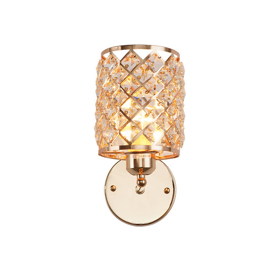 1 Bulb Crystal Inserted Wall Light Kit Simple Gold Cylindrical Trellis Living Room Sconce Lamp Clearhalo 'Cast Iron' 'Glass' 'Industrial' 'Modern wall lights' 'Modern' 'Tiffany' 'Traditional wall lights' 'Wall Lamps & Sconces' 'Wall Lights' Lighting' 920495